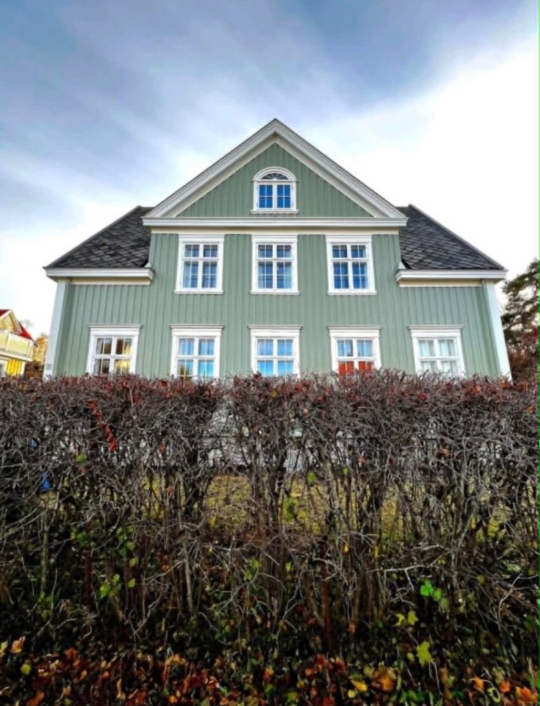 Enebolig med sagegrønn nymalt fasade